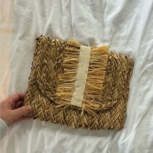 Mud Pie Natural Woven Clutch with Fringe